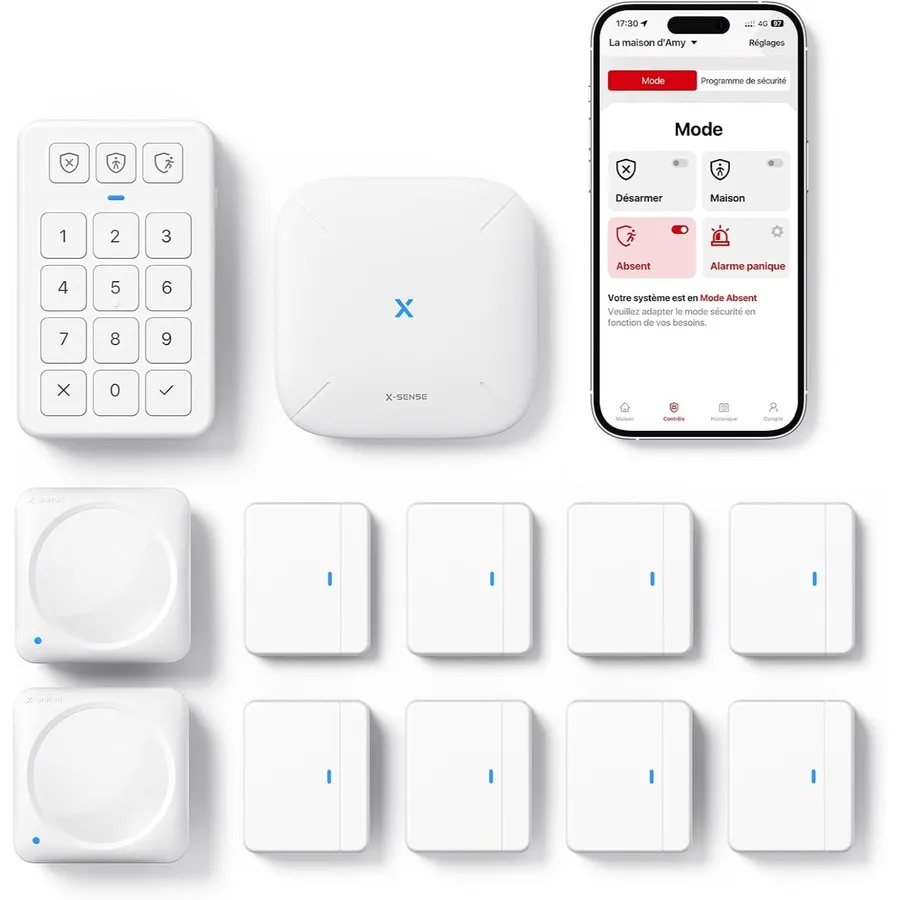 X-Sense AS12 - Kit alarme maison sans fil avec base SBS50, 8 capteurs d’ouverture