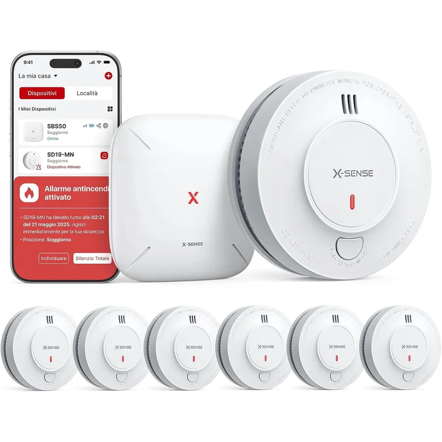 X-Sense SD19-MN61 - Kit 6 rilevatori di fumo 10 anni con base SBS50
