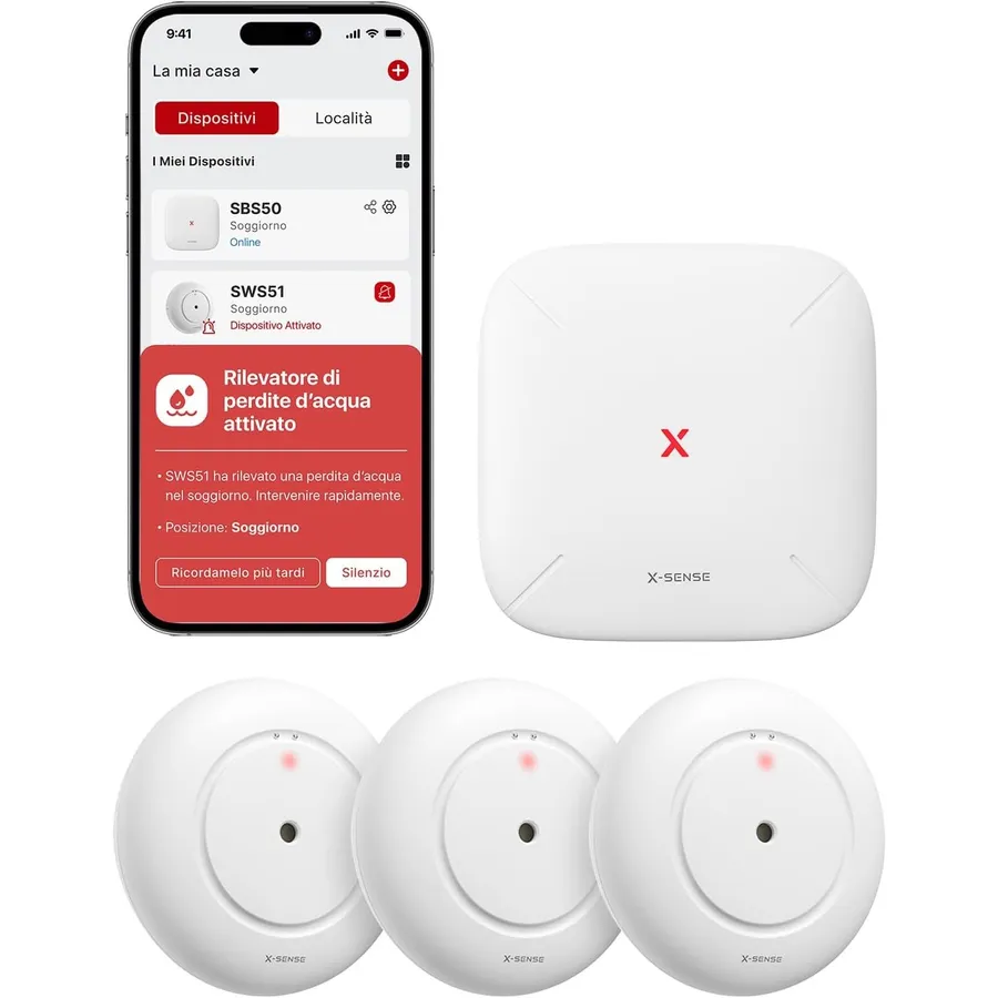 X-Sense SWS54 - Kit 3 rilevatori di perdite d’acqua con stazione base